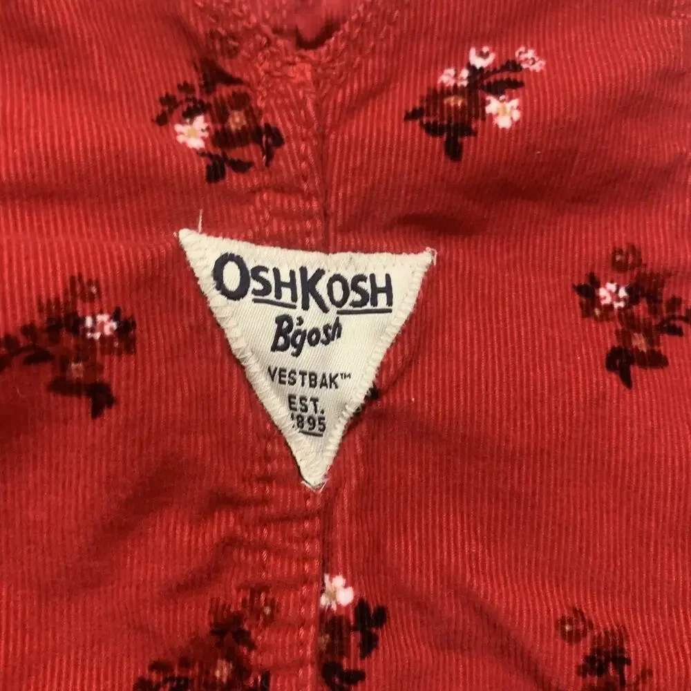 OshKosh B’Gosh 3T Red Corduroy Floral Bib Dress Overall Floral Skirt Vestbak